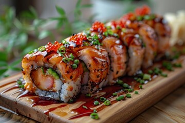 Gourmet sushi roll with appealing toppings and drizzled sauce on a wooden serving board in a restaurant