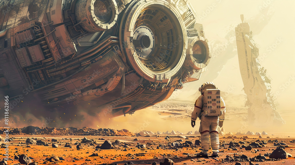 Poster an astronaut on an alien planet standing near a high tech intricate ancient alien structure or stars