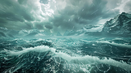 Fototapeta premium Stormy sea or ocean with big waves and storm clouds over it