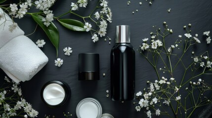 Stylish flat lay arrangement of beauty products on a matte background