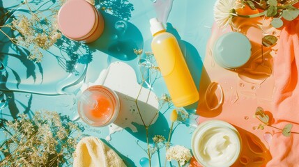Flat lay arrangement of beauty products on a bright surface