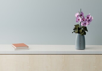 Empty table desk with books and orchid flower plant. Copy space minimal interior. 3D rendering.