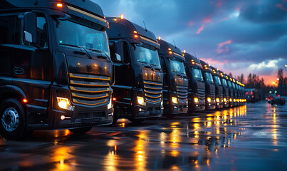 Fototapeta premium Fleet Semi Trucks Parked Night Parking Lot Illuminated Lights Transportation Logistics Shipping Delivery Trucking Industry Big Rig Trailer Freight Cargo Shipment Warehouse Distribution Center Concept