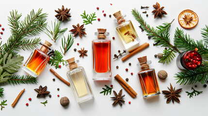 Bottles of different perfumes with spices and fir tree