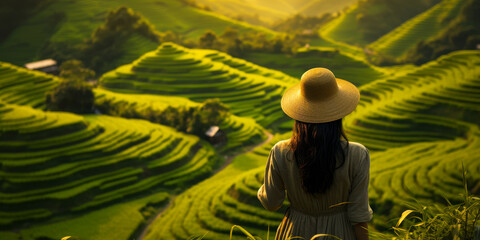 Tranquil Serenity: Ethnic Woman Gazing over Lush Green Terraced Rice Fields at Golden Sunset - Peaceful Scenic Landscape, Rural Wanderlust