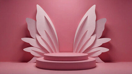 Butterfly podium background pink 3D pedestal stage cosmetic wedding platform. Background podium arch floral beauty spring presentation shop paper day product mockup showcase