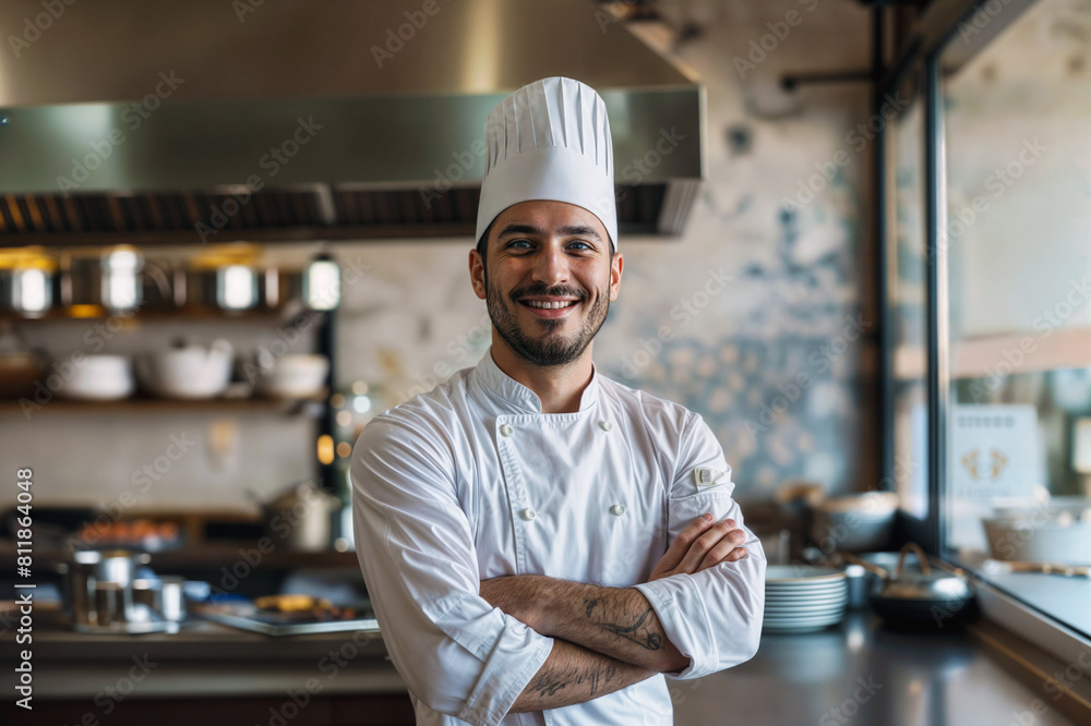 Wall mural Chef standing in a restaurant kitchen with hands crossed