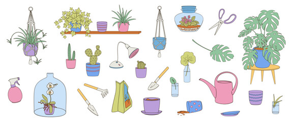 set elements about indoor greenery and home plants with plant pot, plants, watering can, grow lamp