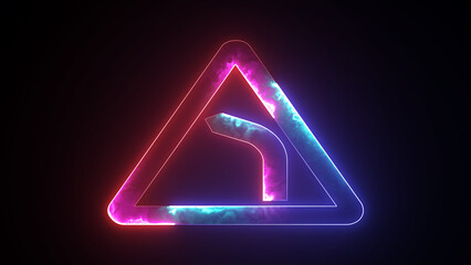 Triangle warning road sign. UK road sign. Bright neon triangular road caution sign.