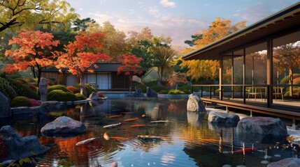 Obraz premium The image shows a beautiful Japanese garden with a pond, a bridge, and a traditional house