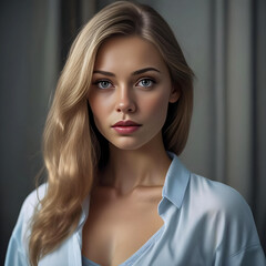 Naklejka premium Charming young top model posing for the camera. The gorgeous young woman with beautiful makeup and a great figure. 
