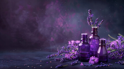 Bottles with lavender essential oil on dark background