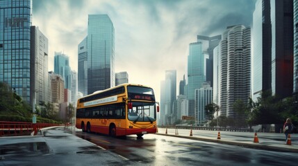 school bus against the background of a modern city ,
high-rise buildings