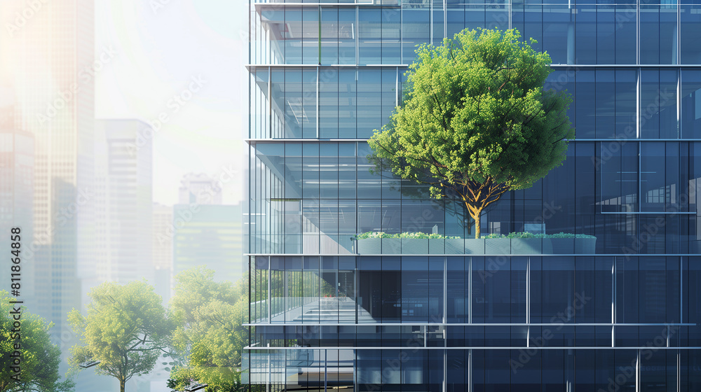 Poster a tree is growing on the roof of a building. the building is surrounded by trees and has a glass fac