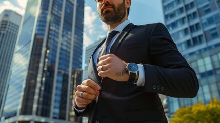 A businessman checking his watch, with office buildings in the background