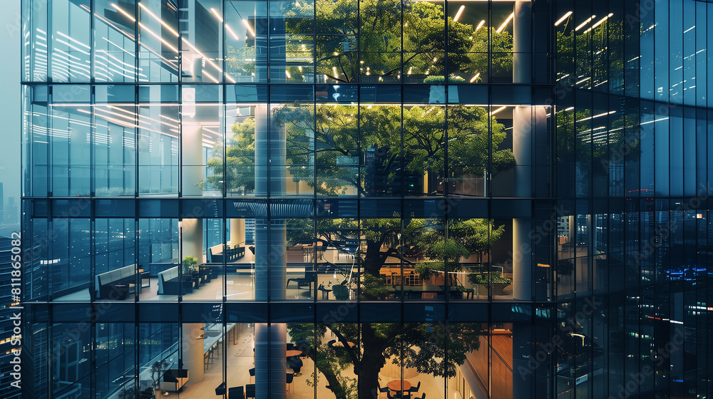 Poster a tree is growing on the roof of a building. the building is surrounded by trees and has a glass fac