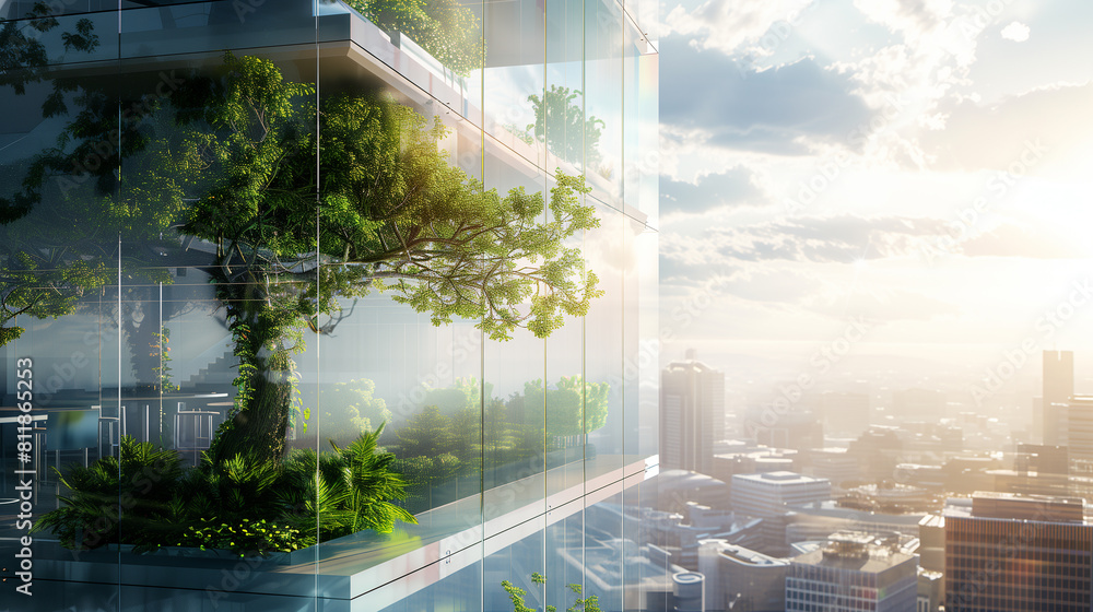 Poster a tree is growing on the roof of a building. the building is surrounded by trees and has a glass fac