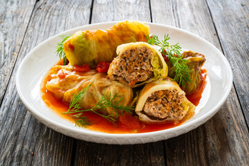 Wrapped minced meat in cabbage leaves - polish dish gołąbki
