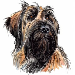 Briard Dog face on a white , cartoon colored, close up portrait, sketch style