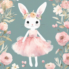 Cute Watercolour Rabbit character with flowers