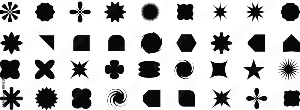Poster abstract basic shapes collection. trendy minimalist basic shape, icons, circles, hexagon, star, tria