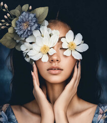 dark realistic portrait of a young woman with flower