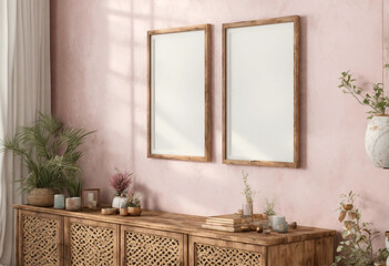 Double wooden frame mockup in boho living room
