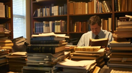 Scholar Studying in a Library Surrounded by Stacks of Books