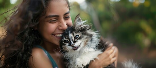Joyful Interactions: Pets and Owners Celebrating World Smile Day
girl with cat - obrazy, fototapety, plakaty