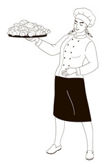 women character baker in uniform holding a plate with fresh croissants