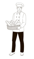male  character baker standing with a basket of bread