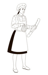 female  African American character baker in uniform holding paper bag with fresh croissants and baguette bread