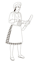 female  character baker in uniform holding paper bag with fresh croissants and baguette bread