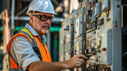 Experienced Electrician Adjusting Electrical Panel in Industrial Setting