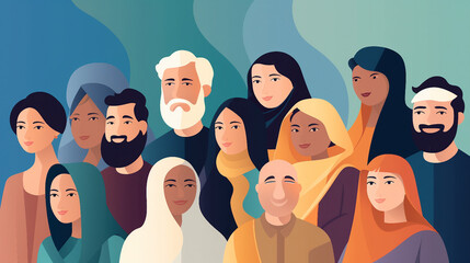 Diverse Male and Female Profile Portraits Illustration of People from Various Nationalities and Religions in a Multicultural Society - Vector Cartoon Characters Crowd Flat Design Concept for Global - obrazy, fototapety, plakaty