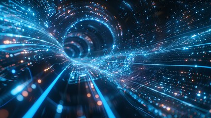 Obraz premium Blue and orange glowing particles form a futuristic tunnel.