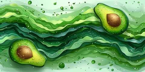 Illustration of ripe halved avocado on green wavy background in watercolor style. - obrazy, fototapety, plakaty