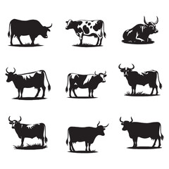 set of cows silhouettes on white	