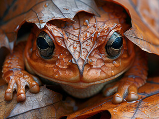 A close-up of a green frog perched on a brown leaf  in nature - Powered by Adobe