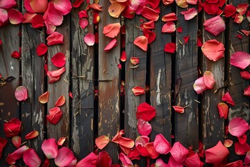 Lovely colored foliage and petals calmly accent the wooden slats, offering an array of serenity juxtaposing to the bulky, dark fence form and space, Generative AI. - obrazy, fototapety, plakaty