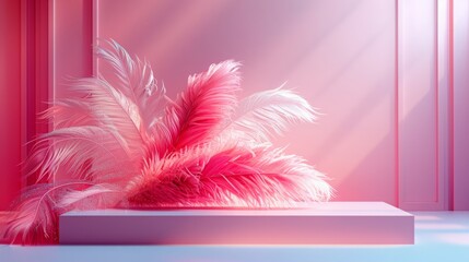 Minimalist 3D Advertising Background with Central Product Showcase and Scattered Crystal Feathers, Fresh Color Palette, Soft Lighting, HD Quality - obrazy, fototapety, plakaty