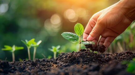 Human hand planting seedlings on fertile soil with sunlight background, Ecology concept