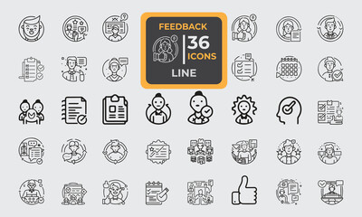 Set of 36 line icons related to Feedback. Outline icon collection. Editable stroke. Vector illustration