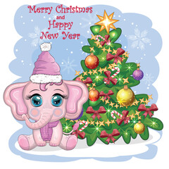 Cute cartoon elephant, childish character in santa hat with gift, christmas ball or candy cane near christmas tree. New Year