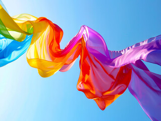 A rainbow colored cloth is flying in the air.