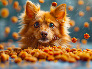 A dog is eating some food while it is being rained on. - obrazy, fototapety, plakaty