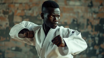 Black man practicing karate sport, person is focused and enjoying the sport, sports photography, generative ai - obrazy, fototapety, plakaty