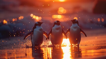 3 penguins in the sunset - obrazy, fototapety, plakaty