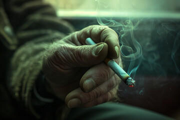 A man holding a cigarette in his hand. - obrazy, fototapety, plakaty