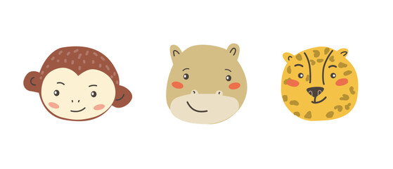 African animals faces set. Cute doodle animal portraits. Hand drawn characters. Tropical and jungle cartoon heads of monkey, hippo and leopard. Wild and exotic pets.